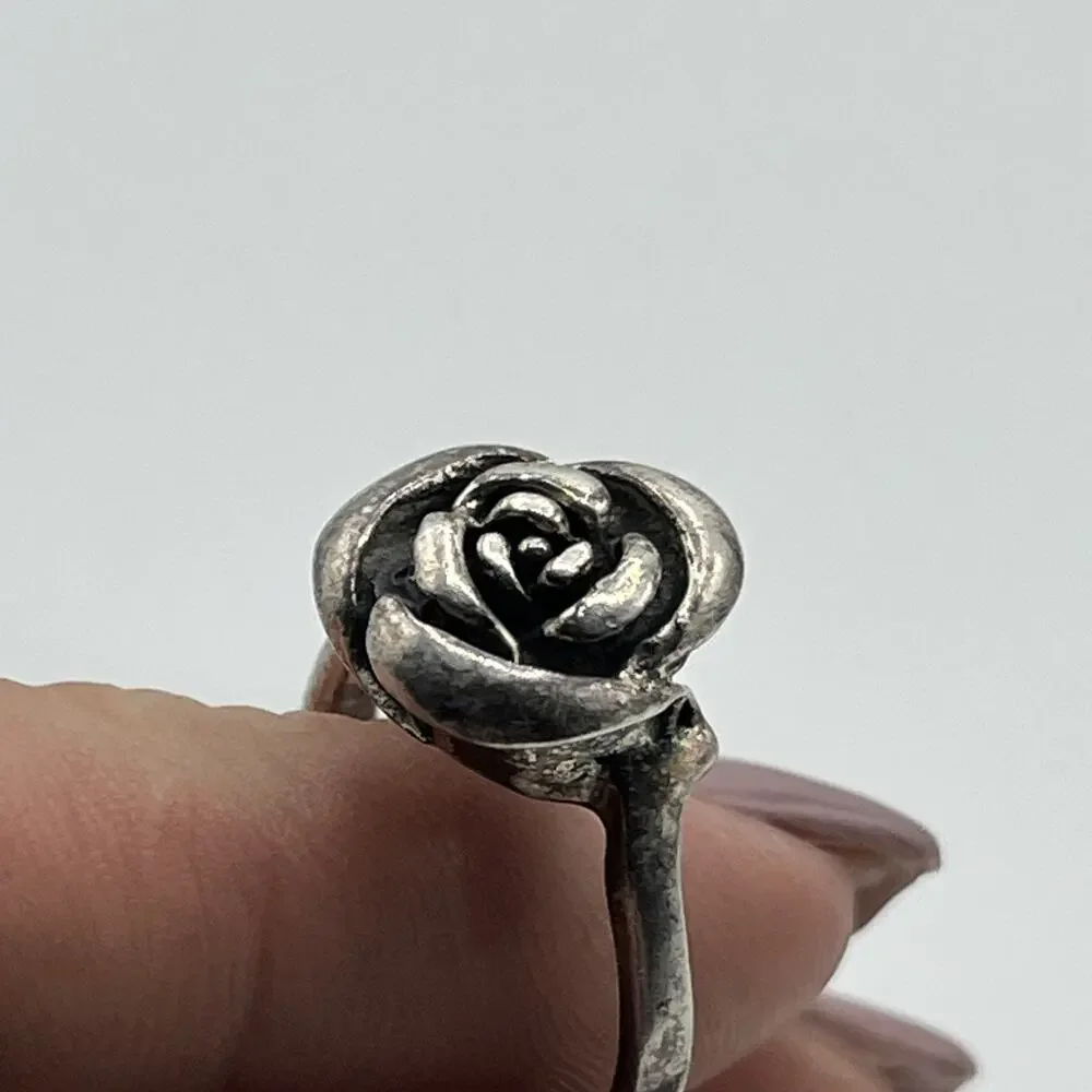 Oxidized Silver 925 Rose Flower Ring Handcrafted Sterling Silver Rose Ring Vntg